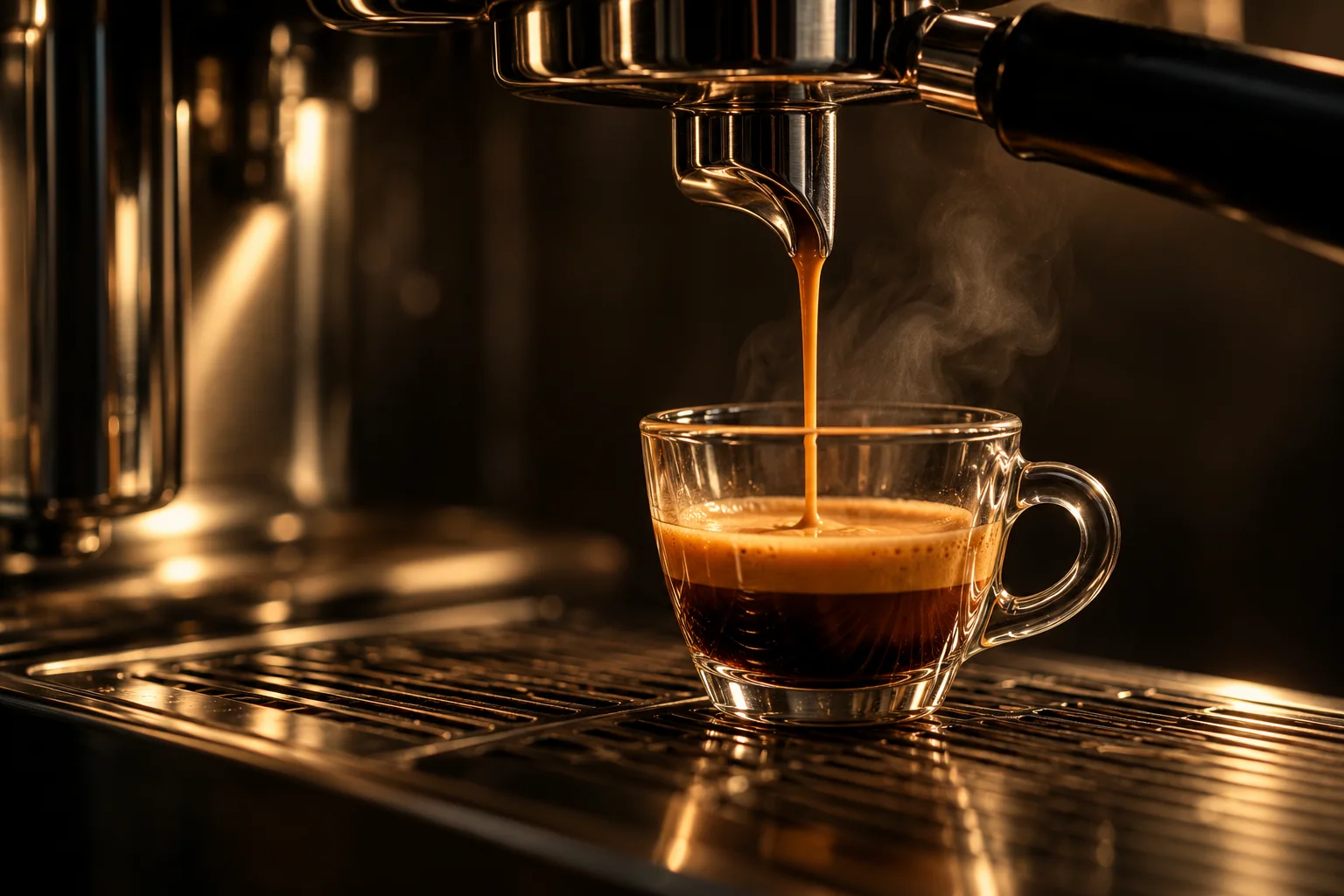 Espresso pouring into a glass cup in warm studio light