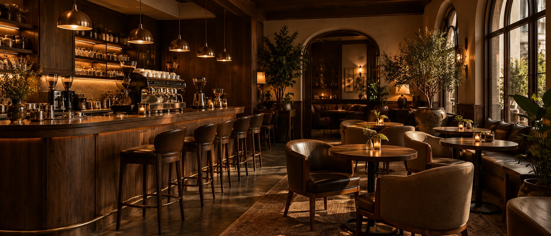 An imagined NOIR café with a dark wood bar, warm brass lights, and comfortable window seating